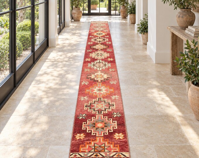 2x13 Vintage Turkish Narrow Hallway Runner, Handmade Wool Red Anatolian Tribal Decor