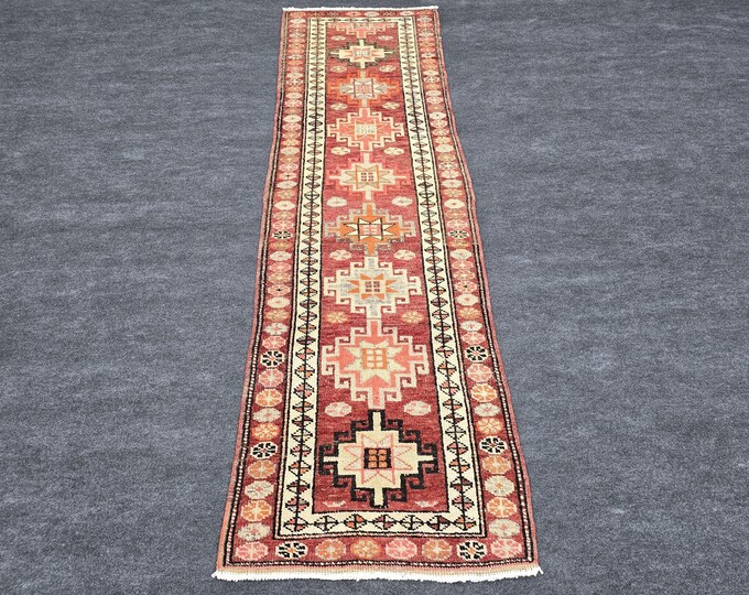 3x9 Vintage Turkish Runner Rug, Faded Red Geometric Hand Knotted Wool Hallway Decor