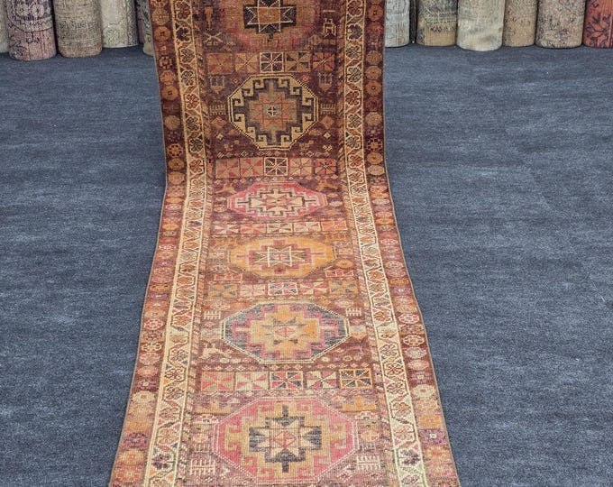 3x11 Antique Turkish Oushak Runner Rug, Handmade Wool Rust Geometric Hallway Carpet