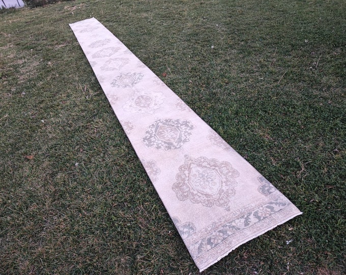 3x26 Vintage Turkish Oushak Runner Rug, Handmade Wool Beige Cream Extra Long Hallway Carpet
