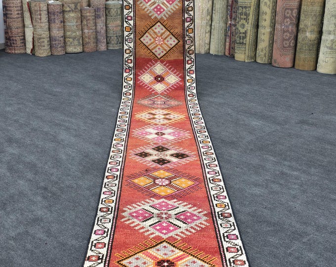 2x13 Vintage Turkish Herki Runner Rug, Red Rust Handmade Wool Tribal Hallway Rug