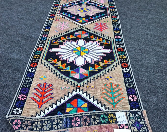 3x11 Vintage Turkish Herki Runner Rug, Handmade Wool Colorful Geometric Hallway Rug