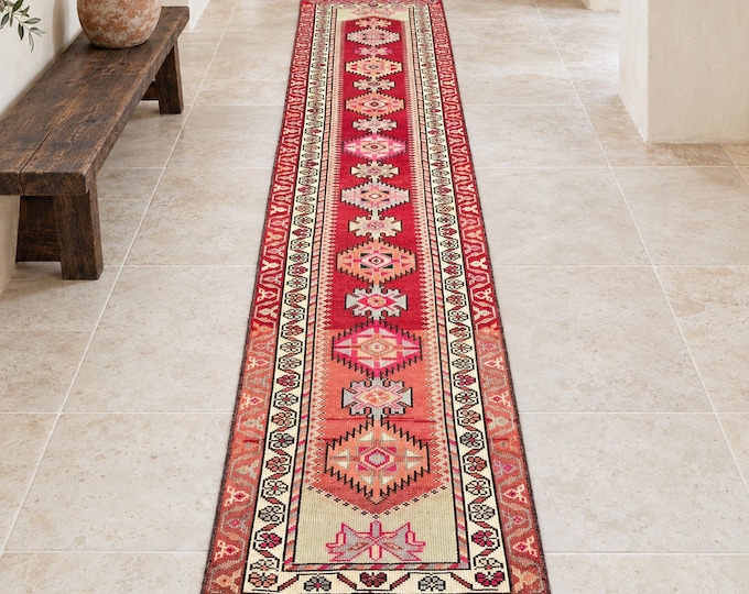 3x11 Vintage Turkish Oushak Runner Rug, Red Handmade Wool Geometric Anatolian Hallway Runner
