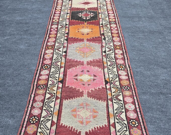 3x11 Vintage Turkish Oushak Wool Runner Rug, Muted Rose Geometric Tribal Hallway Carpet