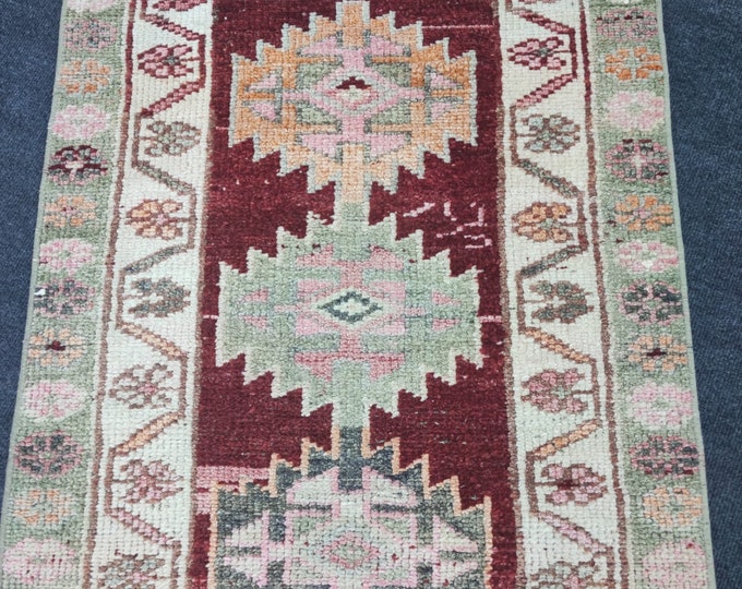 3x10 Vintage Turkish Wool Runner Rug, Red Beige Geometric Oushak Design (3' x 10')