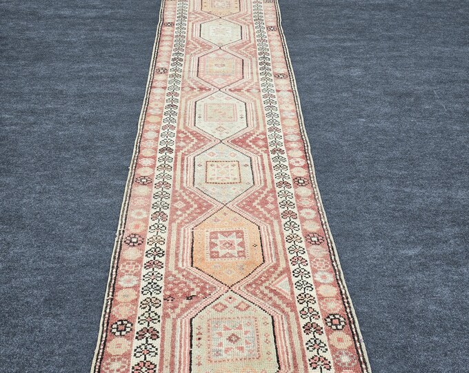 3x13 Vintage Turkish Oushak Runner Rug, Faded Pink Beige Wool Hallway Carpet