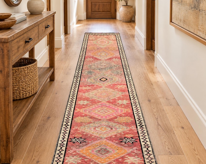 Vintage Turkish Runner Rug 2x8, Faded Pink Geometric Wool Hallway Rug, Oushak Style