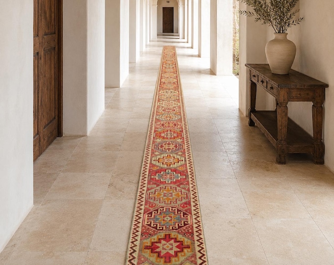 2x29 Vintage Turkish Runner Rug, Hand-Knotted Wool Extra Long Hallway Carpet