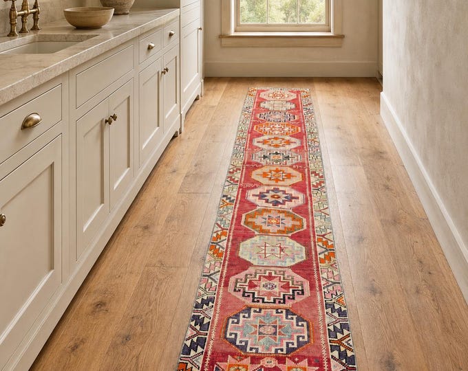 2x11 Vintage Red Oushak Runner Rug, Hand-Knotted Wool Turkish Anatolian Hallway Carpet
