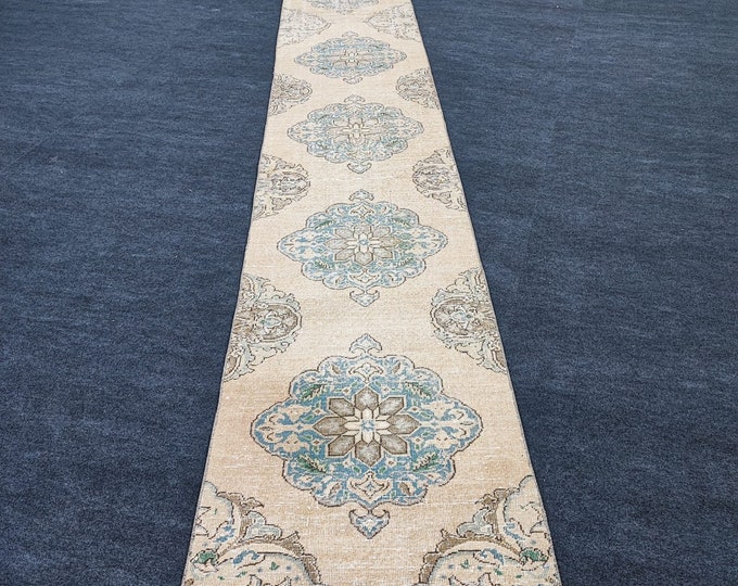 2x22 Vintage Turkish Oushak Runner Rug, Beige Blue Floral Extra Long Hallway Carpet