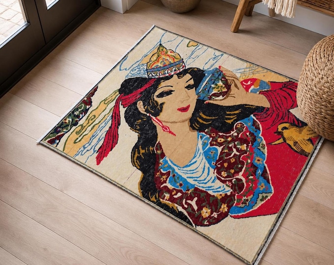 3x4 Vintage Turkish Rug, Handmade Pictorial Woman Portrait Wool Carpet, Anatolian Folk Art