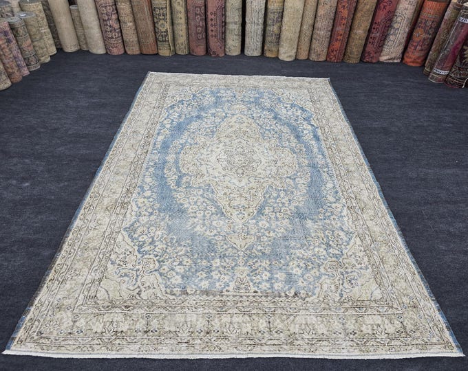 7x11 Vintage Turkish Wool Rug, Faded Blue Beige Oushak Style Area Rug (7'2" x 10'5")