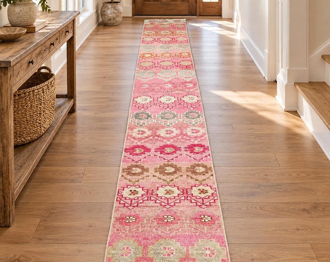 Vintage Pink Turkish Runner Rug 2x11, Handmade Narrow Wool Kitchen Carpet Decor