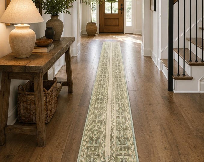 2x22 Vintage Turkish Oushak Runner Rug, Handmade Wool Green Muted Hallway Carpet