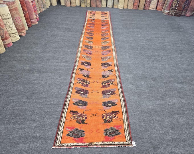 3x17 Vintage Turkish Oushak Runner Rug, Orange Floral Hand-Knotted Wool Hallway Carpet