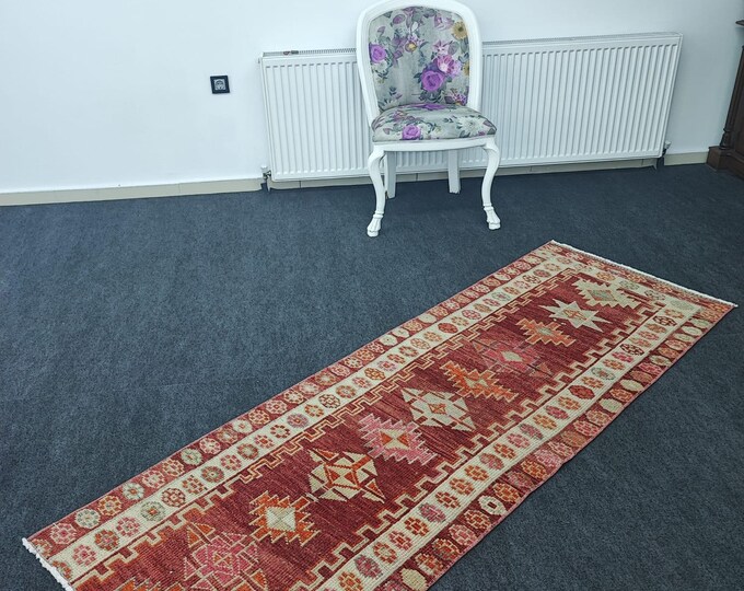 3x8 Vintage Turkish Oushak Runner Rug, Handmade Wool Red Rust Geometric Anatolian Hallway Rug