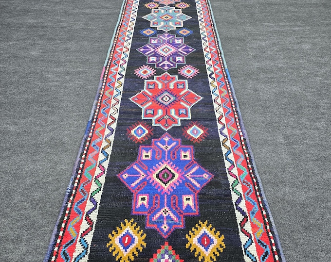 3x13 Vintage Turkish Wool Runner Rug, Black Colorful Geometric Hallway Carpet (2'9" x 13'1")