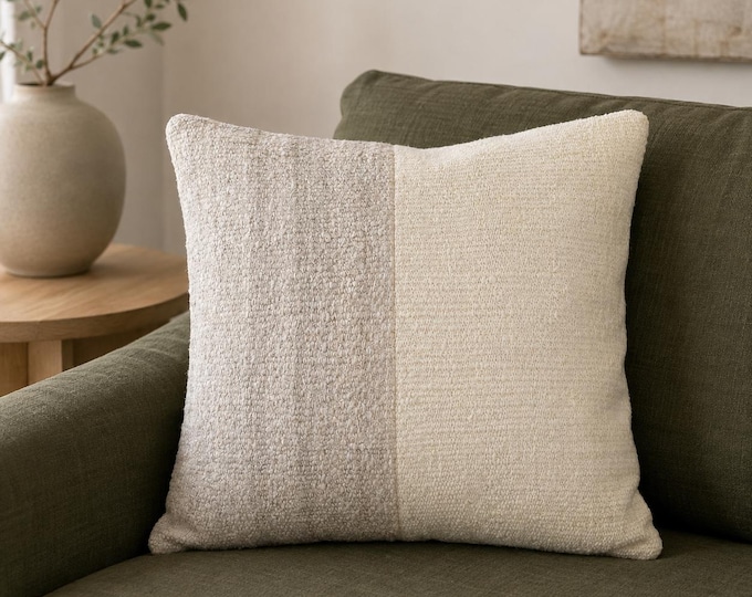 19x19 Vintage Kilim Pillow Cover, Neutral Wool Cushion, Minimalist Boho Decor