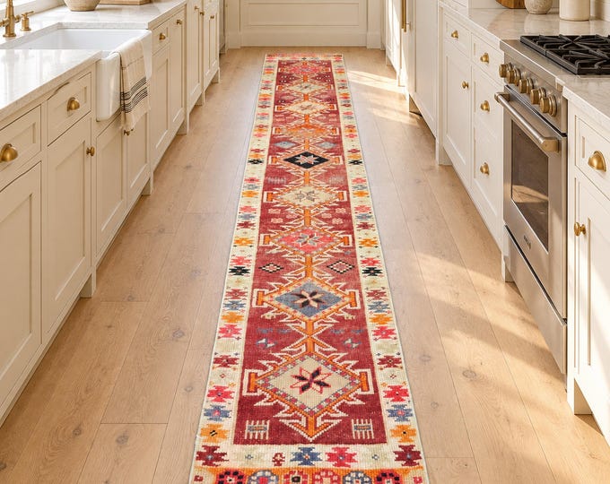 2x12 Vintage Turkish Herki Runner Rug, Handmade Wool Red Brown Tribal Hallway Runner