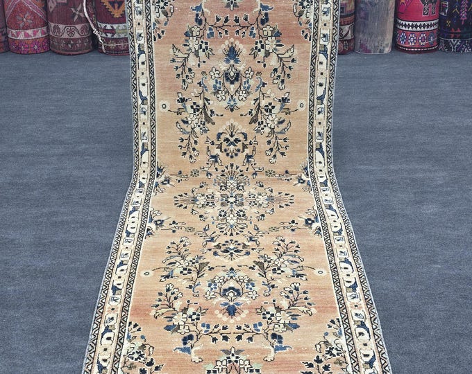 3x10 Vintage Turkish Runner Rug, Handmade Wool Peach Blue Floral Persian Style Carpet