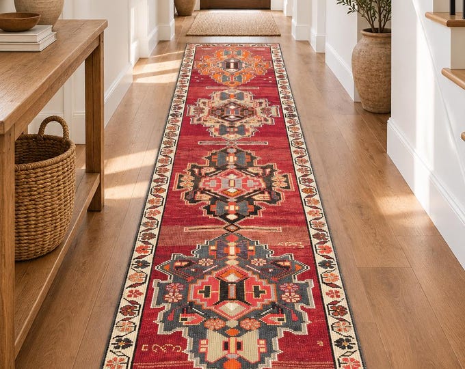 3x11 Vintage Turkish Runner Rug, Red Wool Geometric Anatolian Hallway Carpet