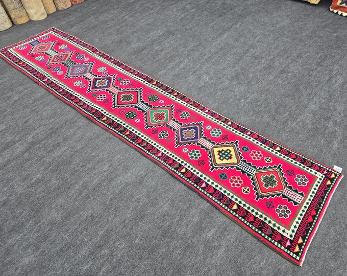 3x12 Vintage Turkish Wool Runner Rug, Hot Pink Geometric Hallway Rug (2'7" x 11'6")