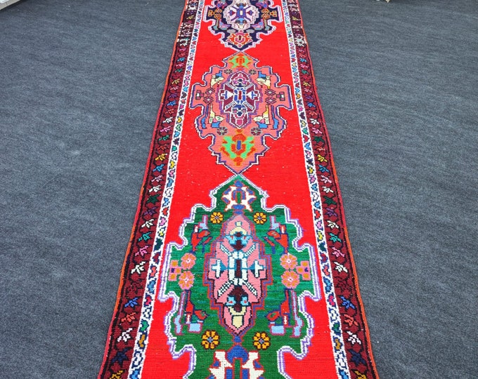 3x13 Vintage Runner Rug, Red Multicolor Medallions, Long Hallway Rug 2'10" x 12'8"