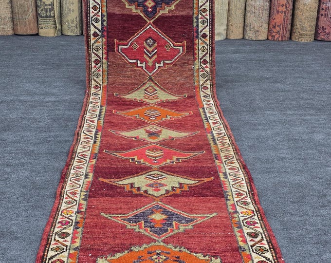 3x11 Vintage Turkish Runner Rug, Burgundy Red Geometric Wool Hallway Carpet (3' x 11'4")