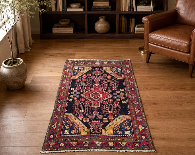 4x6 Vintage Turkish Area Rug, Handmade Wool Anatolian Tribal Carpet, Oriental Living Room Decor