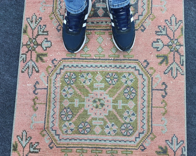 Vintage Turkish Runner Rug 3x20, Faded Pink Blue Geometric Wool Extra Long Hallway Rug