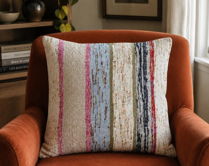 19x19 Vintage Turkish Kilim Pillow Cover, Handmade Wool Striped Boho Cushion Cover