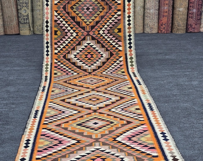 3x11 Vintage Turkish Kilim Wool Runner, Colorful Geometric Hallway Rug (3'4" x 10'11")
