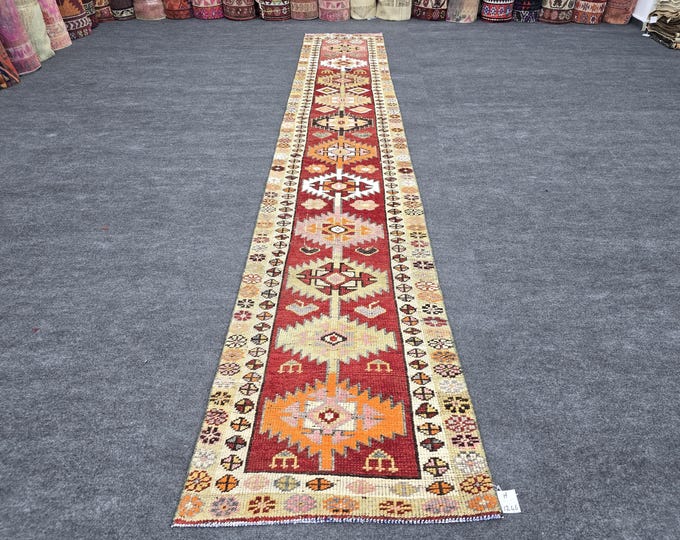 2x13 Vintage Turkish Herki Runner Rug, Burgundy Red Orange Tribal Geometric Wool Hallway Carpet, Long Boho Kitchen Decor