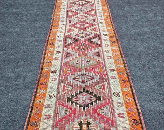 3x13 Vintage Turkish Oushak Wool Runner Rug, Faded Pink Geometric Hallway Carpet (3' x 12'9")