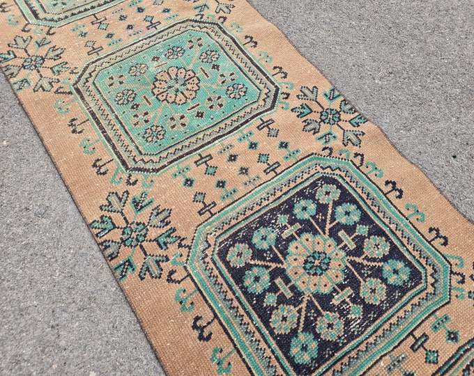 3x22 Vintage Turkish Wool Runner Rug, Faded Orange Blue Oushak Medallions, 2'5" x 21'6"