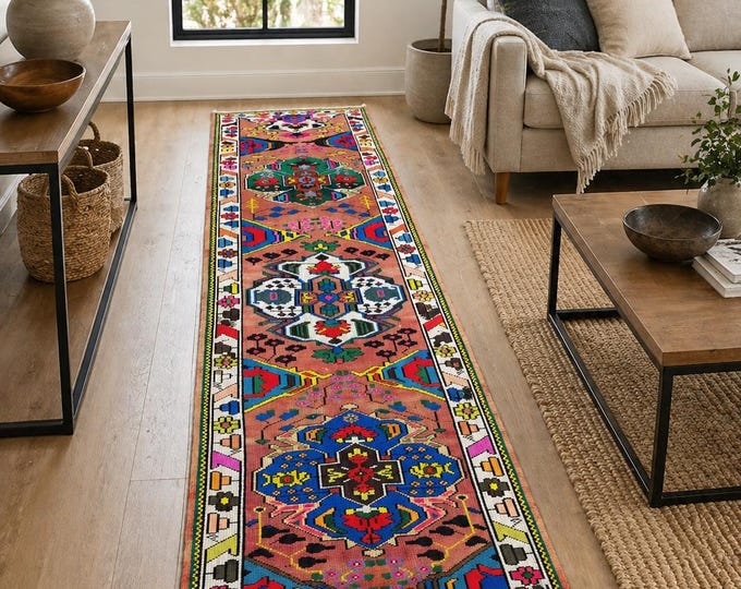 4x12 Vintage Turkish Runner Rug, Colorful Geometric Wool, Handmade Anatolian Hallway Decor