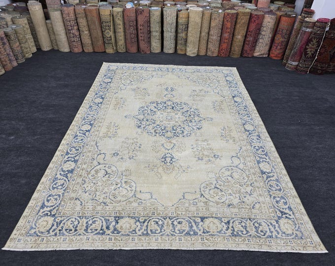 8x11 Vintage Turkish Oushak Wool Area Rug, Beige Blue Floral Medallion, 7'9" x 10'7"