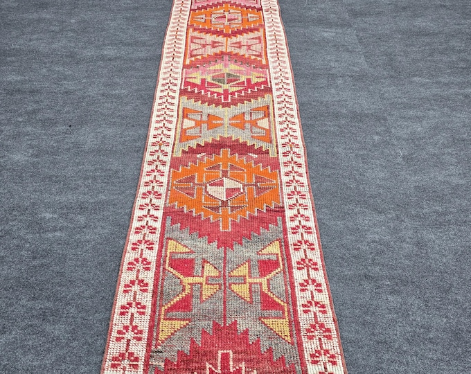 2x12 Vintage Turkish Runner Rug, Handmade Wool Tribal Geometric Anatolian Hallway Carpet 2'3" × 11'6"