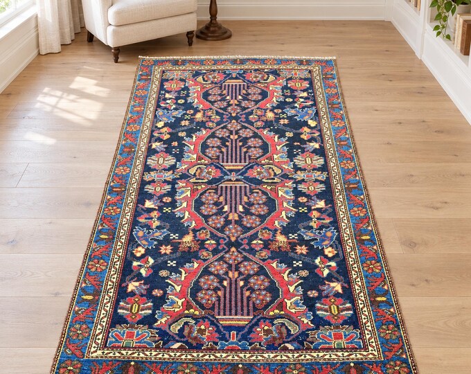 4x6 Vintage Turkish Wool Area Rug, Navy Floral Tribal Anatolian Design, 4'1" x 6'3"