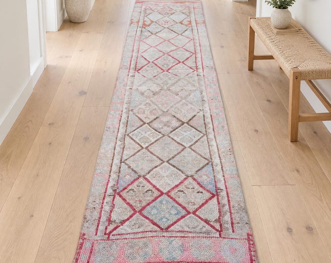3x11 Vintage Turkish Runner Rug, Faded Pink Geometric Anatolian Wool Hallway Runner 2'9" x 10'9"
