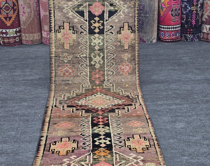 3x9 Vintage Turkish Runner Rug, Mauve Tribal Wool Hallway Carpet (Actual 2'8" x 9')