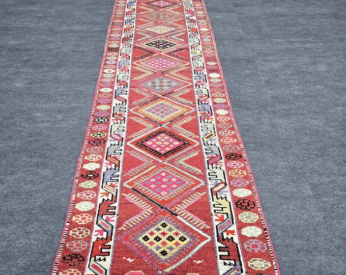 3x13 Vintage Turkish Wool Runner Rug, Red Geometric Hallway Carpet (2'8" x 12'9")