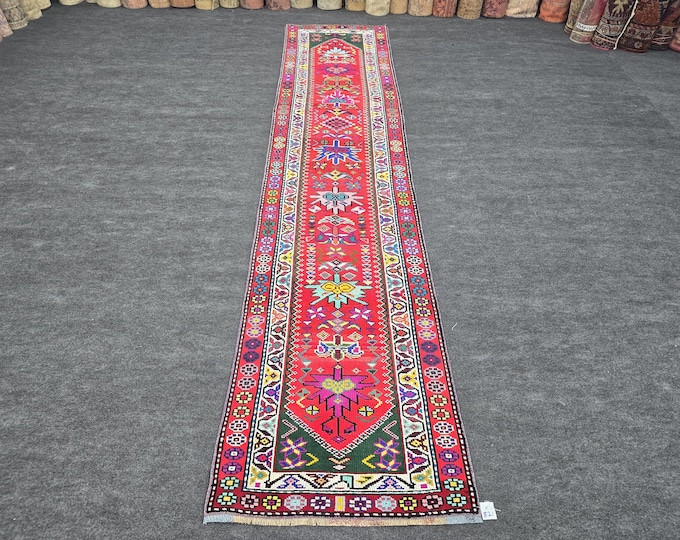 3x14 Vintage Turkish Herki Wool Runner, Colorful Red Hallway Rug (2'11" x 13'5")