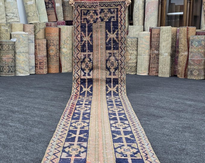 2x11 Vintage Turkish Runner Rug, Handmade Wool Navy Blue Geometric Hallway Carpet