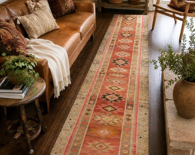 3x15 Vintage Turkish Oushak Runner Rug, Hand-Knotted Wool, Faded Pink Terracotta