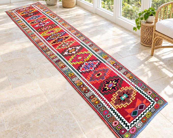 Vintage Turkish Wool Runner Rug, Handwoven Red Geometric Tribal Hallway Carpet, Anatolian 3x13 Ft