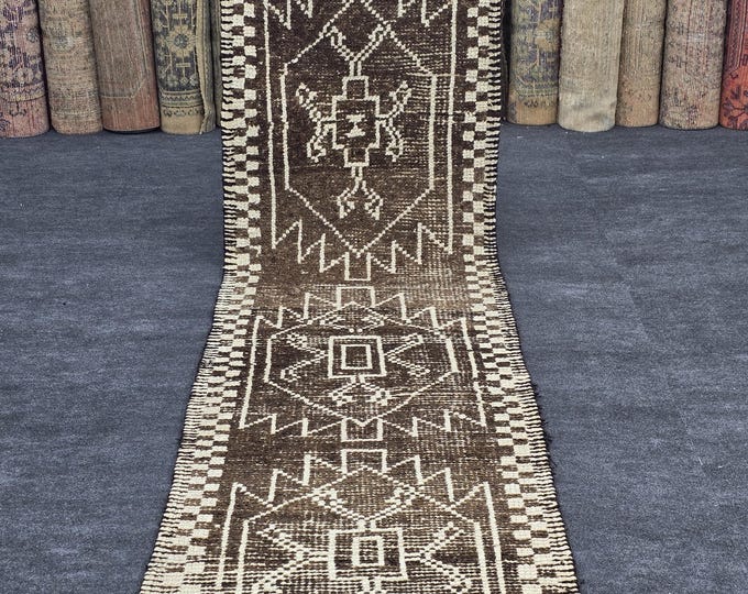3x11 Vintage Turkish Oushak Runner Rug, Brown Ivory Geometric Wool Hallway Carpet (2'9" x 10'6")