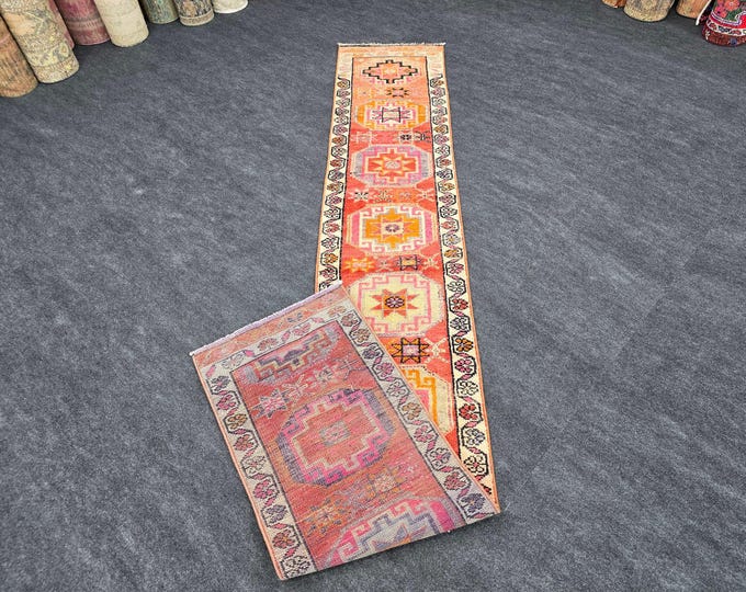 2x12 Vintage Turkish Wool Runner Rug, Coral Red Pink Geometric Medallions,  Home Decor
