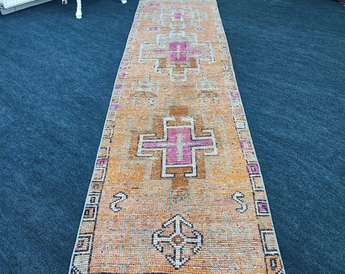 3x11  Vintage Turkish Wool Runner Rug, Orange Pink Geometric Hallway Runner 2'7" x 10'9"
