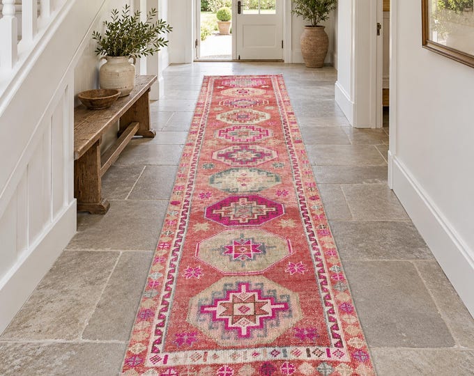 3x11 Vintage Turkish Herki Wool Runner Rug, Red Pink Geometric Hallway Design (2'8" x 11')